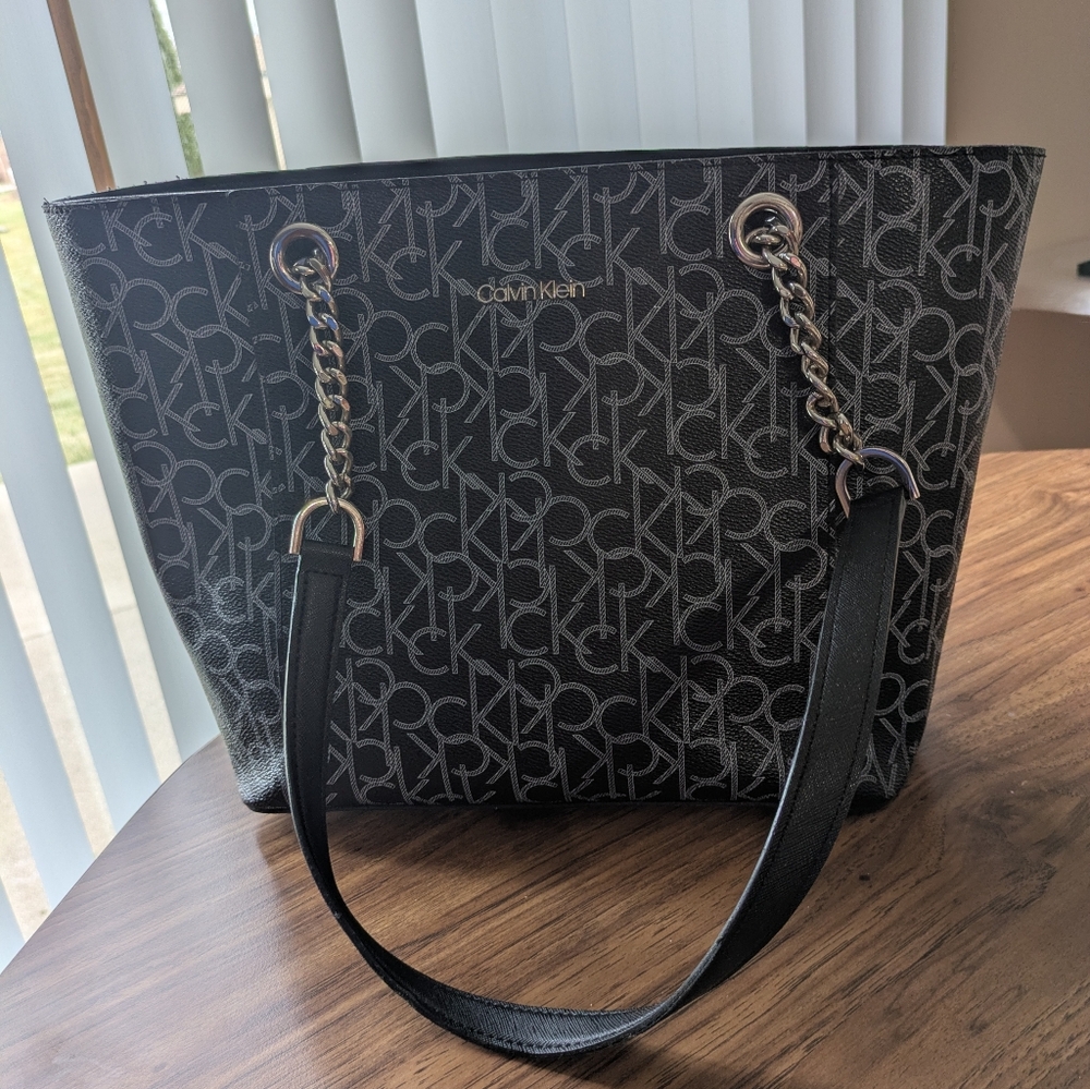 Calvin Klein Black and Gray Monogram Chain-Handle Tote